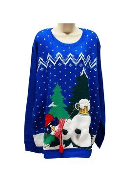Funny Blue Christmas Sweater Womens XXL Snowman Penguin Beer Trees